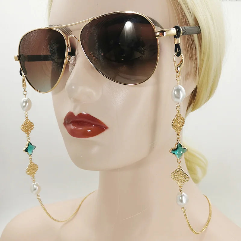 Stylish Reading Sunglasses Hollowed Out Clover Crystal MaskChain Necklace Holder Lanyard For Women Eyeglass Glasses Chains Gold