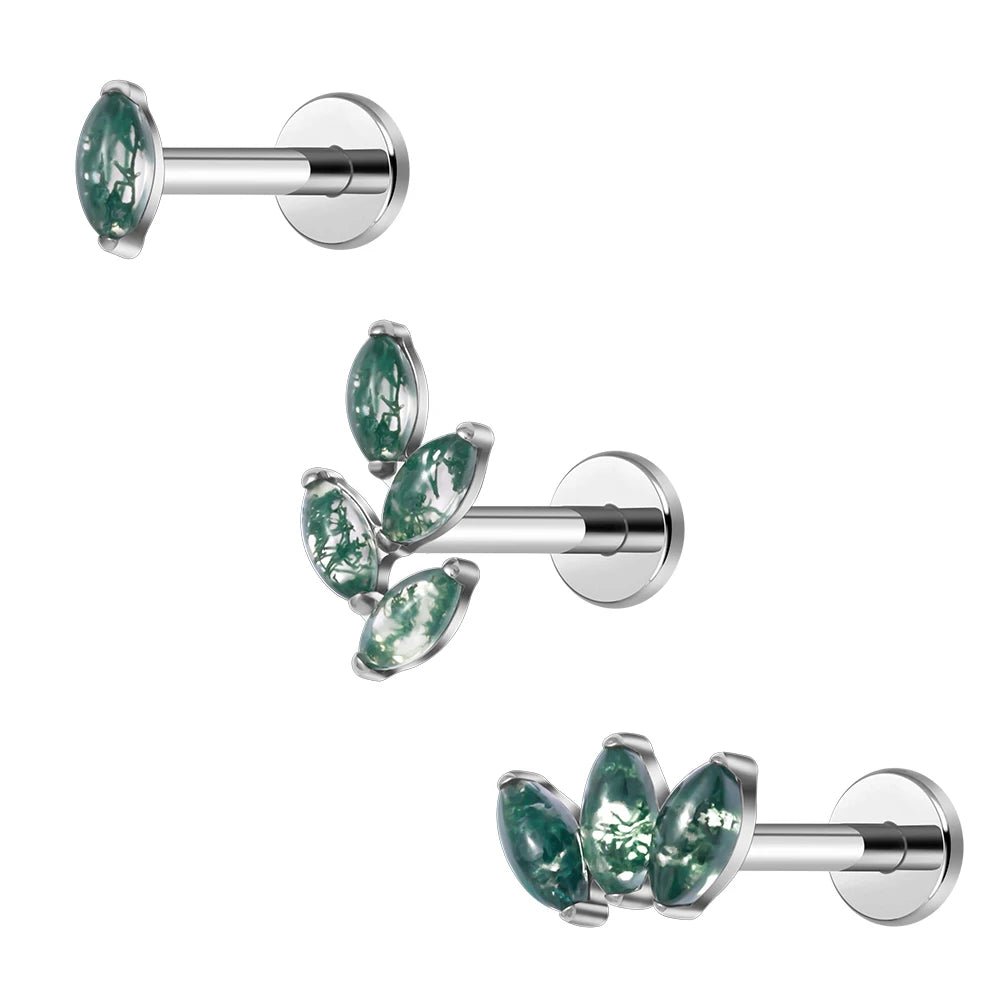 Wholesale G23 ASTM F136 Titanium Piercing Moss Agate Stud Ear Conch Septum Nose Lip Earlobe Tragus Cartilage Earrings Women Body