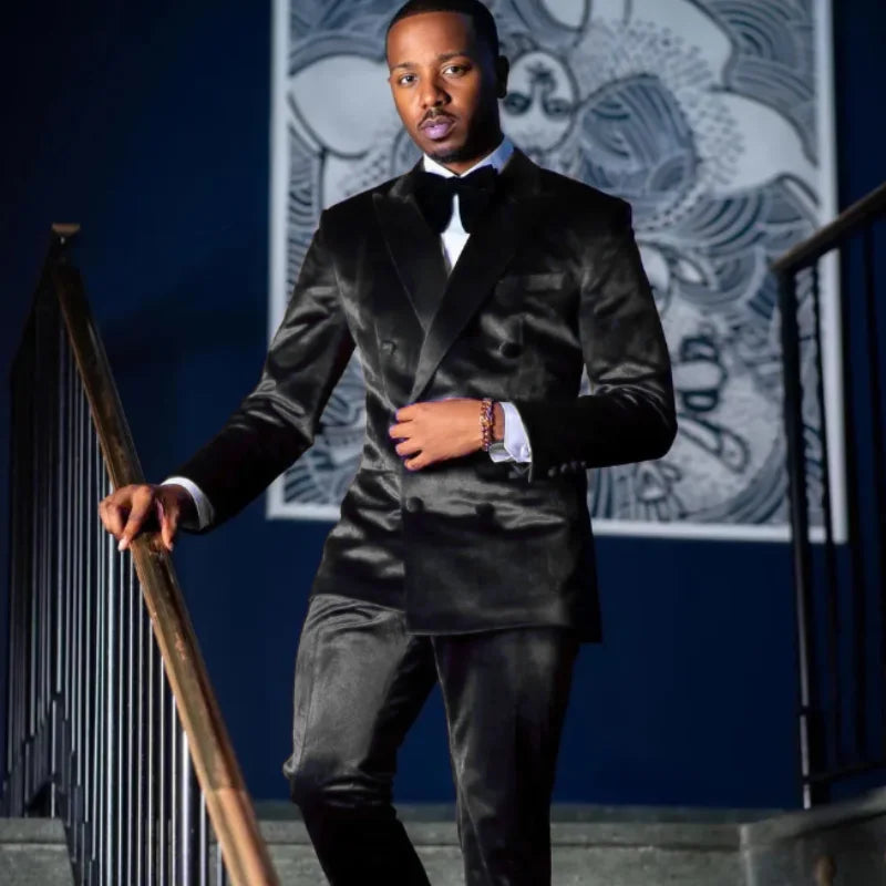 Black Velvet Men's Suit 2 Pieces Blazer Pants Double Breasted Business Slim Modern Wedding Groom Costume Homme