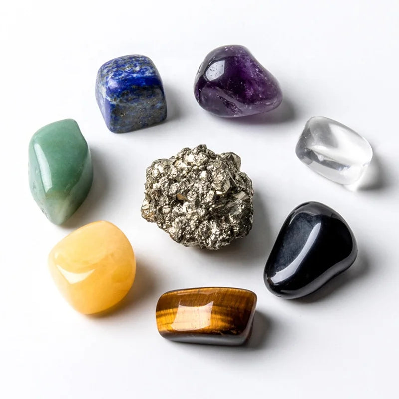 Chakra Stones Set Mineral Specimen Natural Tumbled Stones Amethyst Cluster Pyrite Selenite Crystal Set Energy Collection Decor