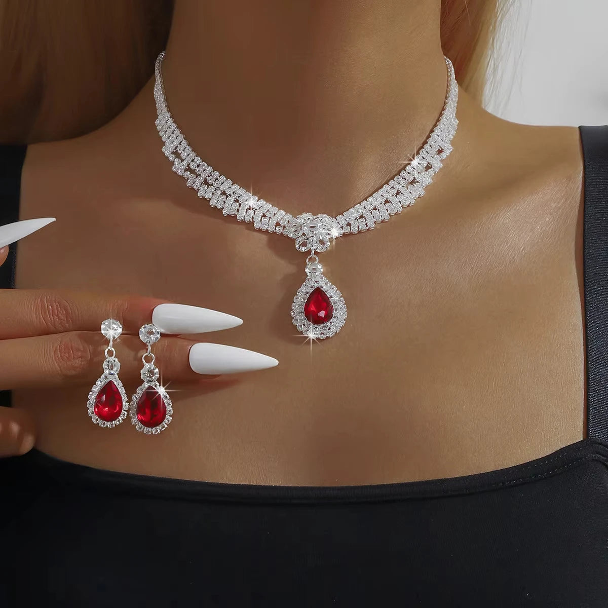 Diamond Drop Flower Earrings Necklace | High-End Temperament Wholesale Accessories