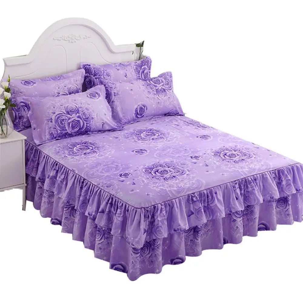 3PCS Bed Skirts Set Double Layer Bedspread Floral Printed Bed Sheet