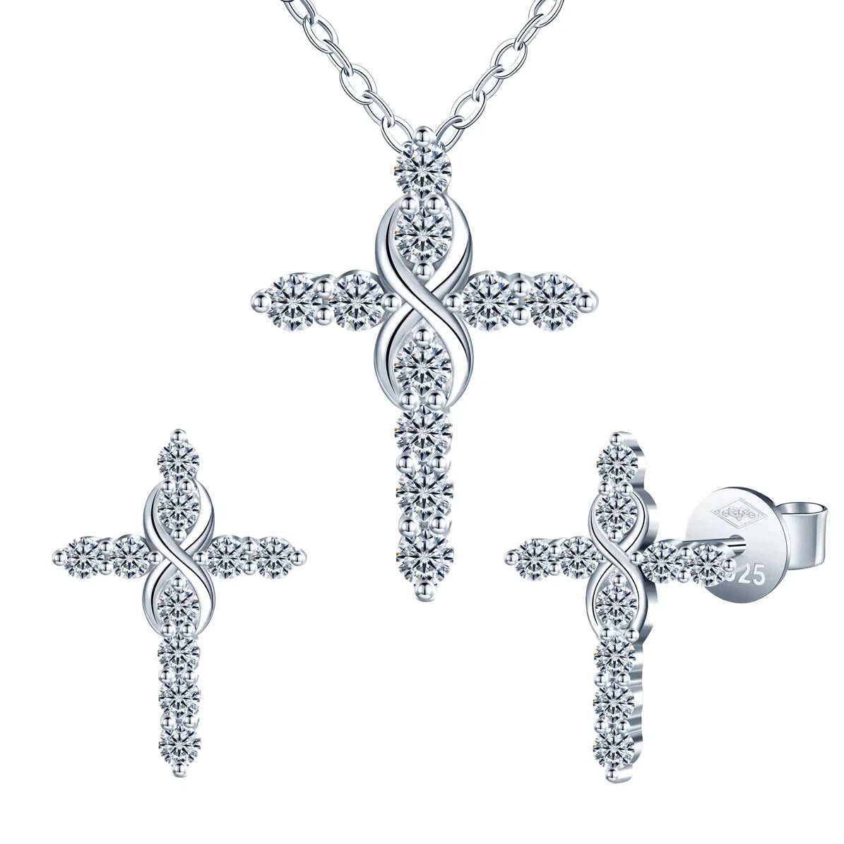 Celestial Luxury Gold Plated 925 Sterling Silver Moissanite Cross Pendant Necklace & Stud Earrings Set for Women Party Occasions