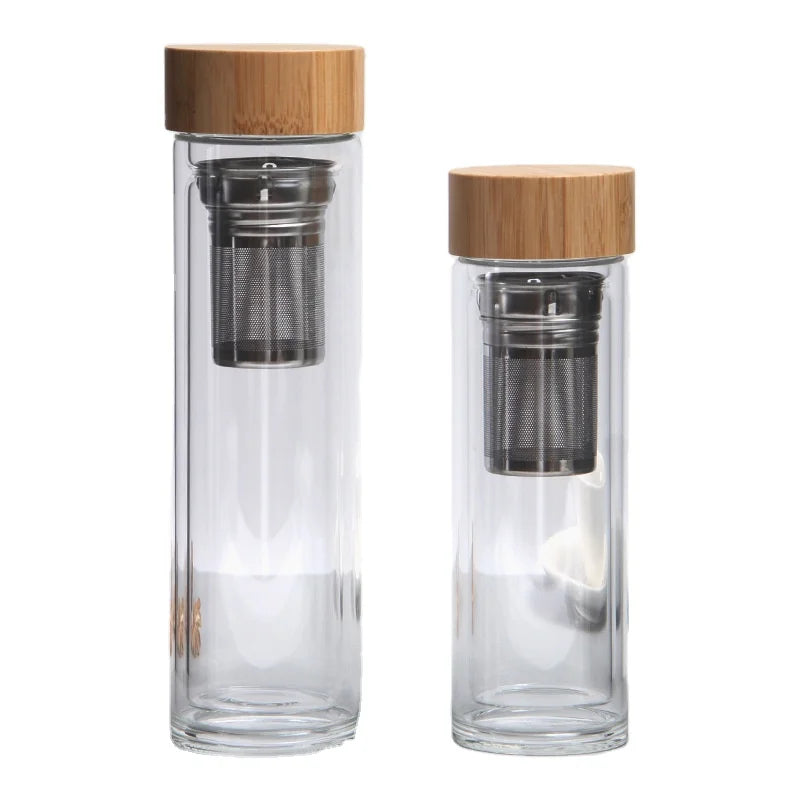 350 ml 450 ml 500 ml Bamboo Pattern Gym Sport Travel Glass Tea Coffee Cups Water Bottle with Lid with Tea Filter