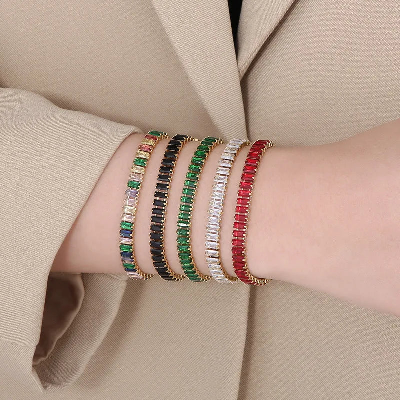 Fashion 18k Gold Plated Stainless Steel Rainbow Baguette Diamond Iced Out Tennis CZ Chain Women Bracelet