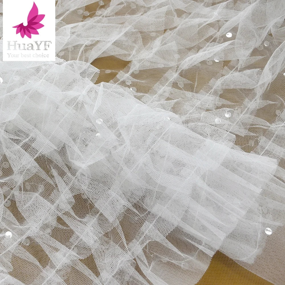 HY1580 White Soft Net Fabrics 3D Fashion French Tulle Lace With Sequins for Lovely Girl Dress