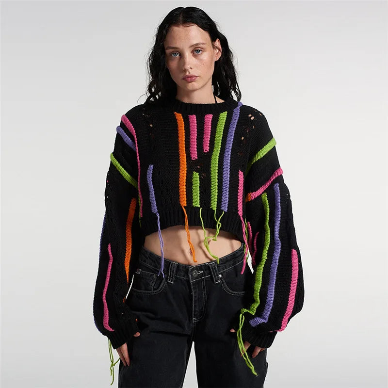 Winter Popular Style Oversize Knit Pull Over Casual Cute Long Sleeve Crop Top Sweater Womens