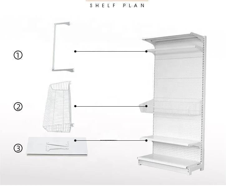China Factory Direct Sale Metallic Perforated Epoxy Powder Coated Freestanding Supermarket Rack Clothing Storage Display Shelves MegaBDM