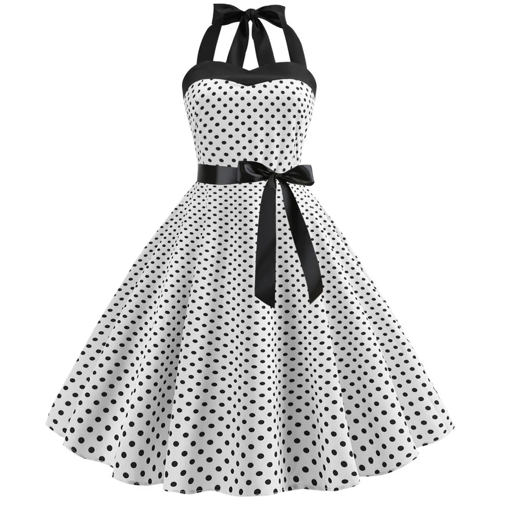 Women Polka Dot Print Summer Dress Sexy Retro White Halter Vintage Dress Plus Size Robe Femme Pin up Rockabilly Party Dress