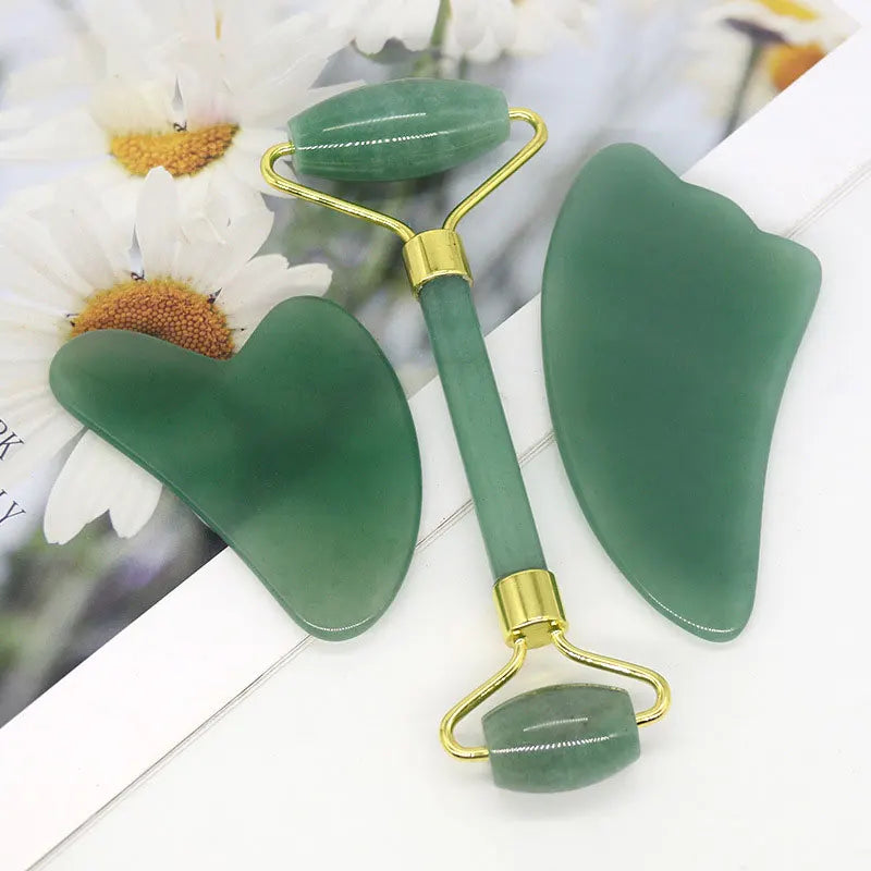 Wholesale High Quality Green Crystal Guasha Jade Roller Gus Sha Set for Massage Facial