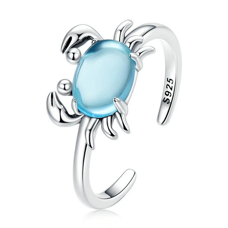 925 Sterling Silver Cute Crab Open Size Ring for Women Delicate Blue Stone Ring Fine Jewelry Summer Beach Party Gift SCR814