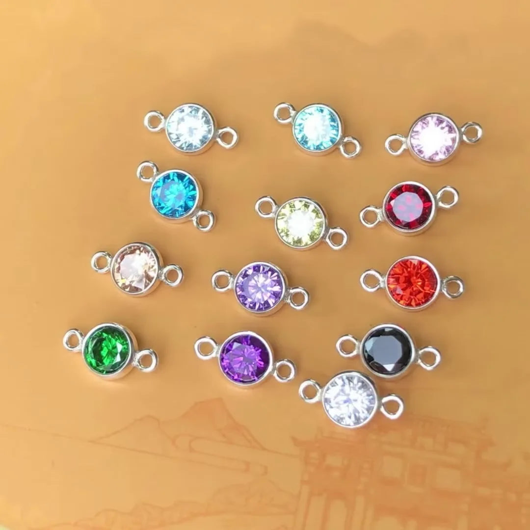 925 Sterling Silver Bezel Tip Bottom Zircon Charm Connection Piece 3/4/6mm Birthstone Pendant With Double Loops Jewelry Findings