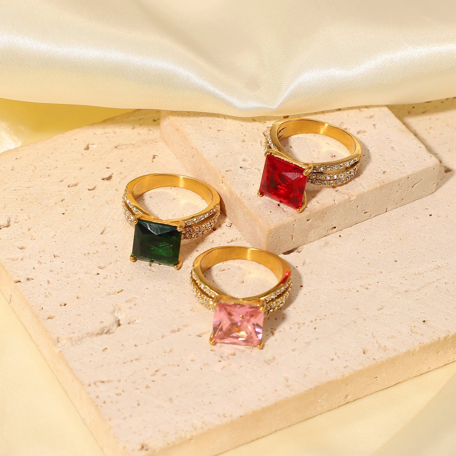 Fashion Stainless Steel Zircon Ring Party Gift 18k Gold Plated Large Square Oval Green Red Pink Cubic Zircon Rings