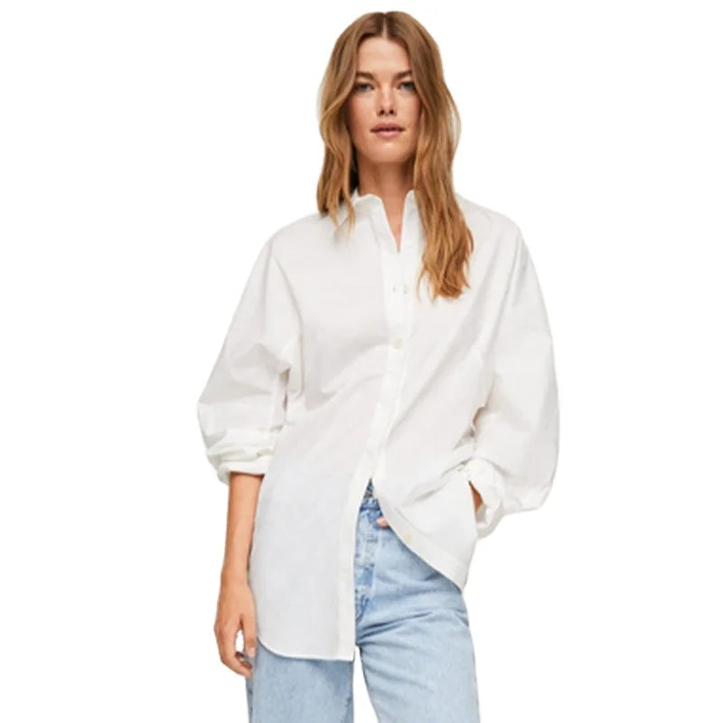 MANNI Women's Classic-Fit Long-Sleeve Lightweight White Cotton Shirts for Women Casual Shirts