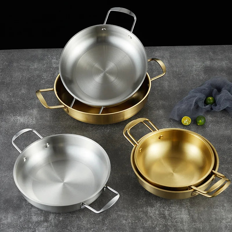 Golden Ramen Dry Pot Flat Bottom Instant Noodle Bowl 18-26CM Double Handle Stainless Steel Hotpot Seafood Dry Pot Paella Pan