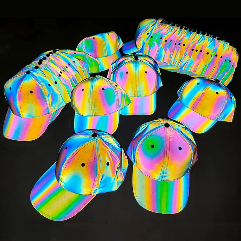 New Trend Nightclub Hip Hop Leisure Gym Sports Riding High Vision rainbow Iridescent Reflective Cap Bucket Hat for Women Male