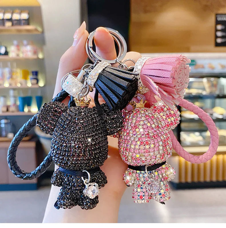 2021 Best Selling Diamond Cute Car Pendant Rhinestone Female Bag Keychain Wristlet Bling Bear Keychain Tassel Keyring MegaBDM
