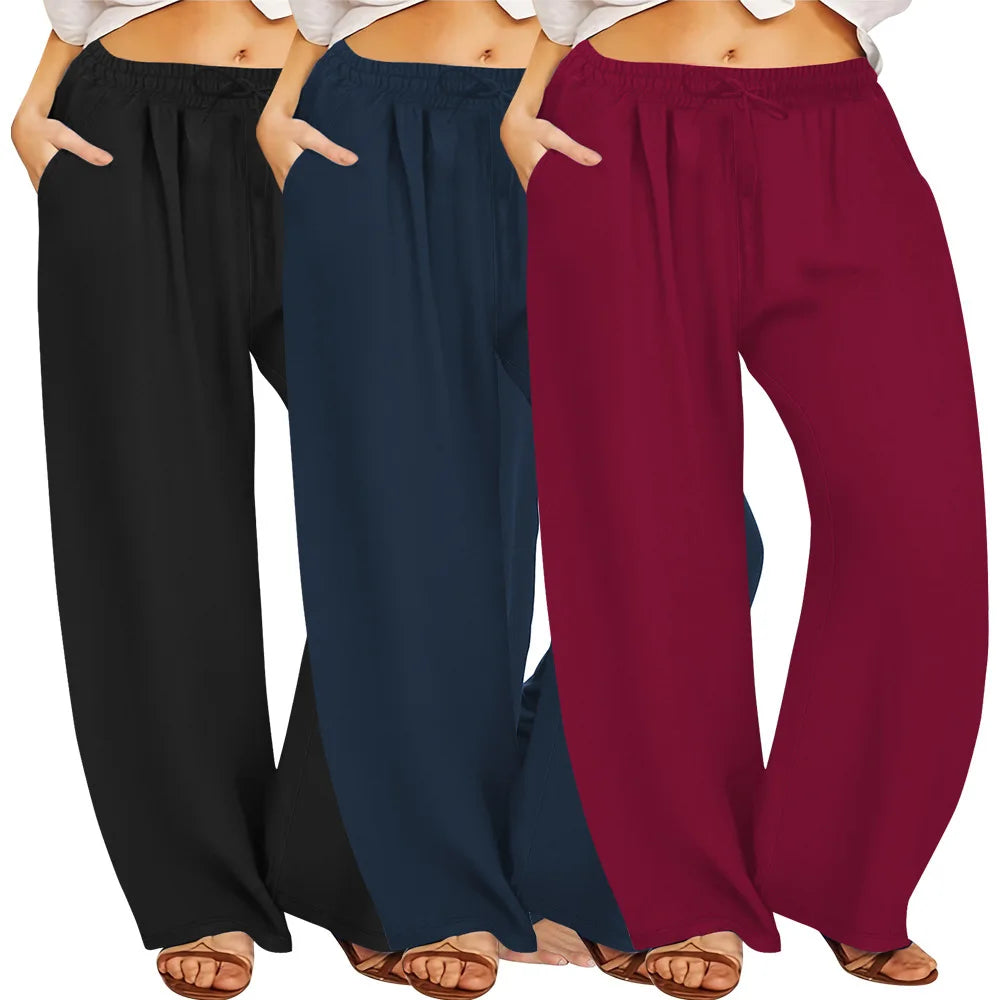 Custom Plus Size Wide-Leg Straight-Cut Casual Pants for Women Loose Fit Drawstring Trousers with Pockets New Fashion Arrival