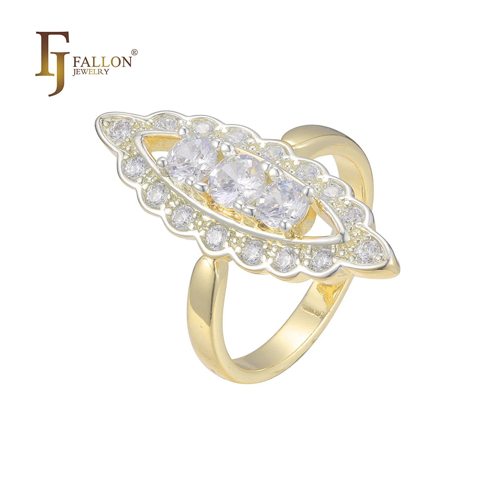 FJ Fallon Fashion Jewelry Marquise Shape Cluster White Halo CZs Rings Plated in 14K Gold Two Tone Brass Based
