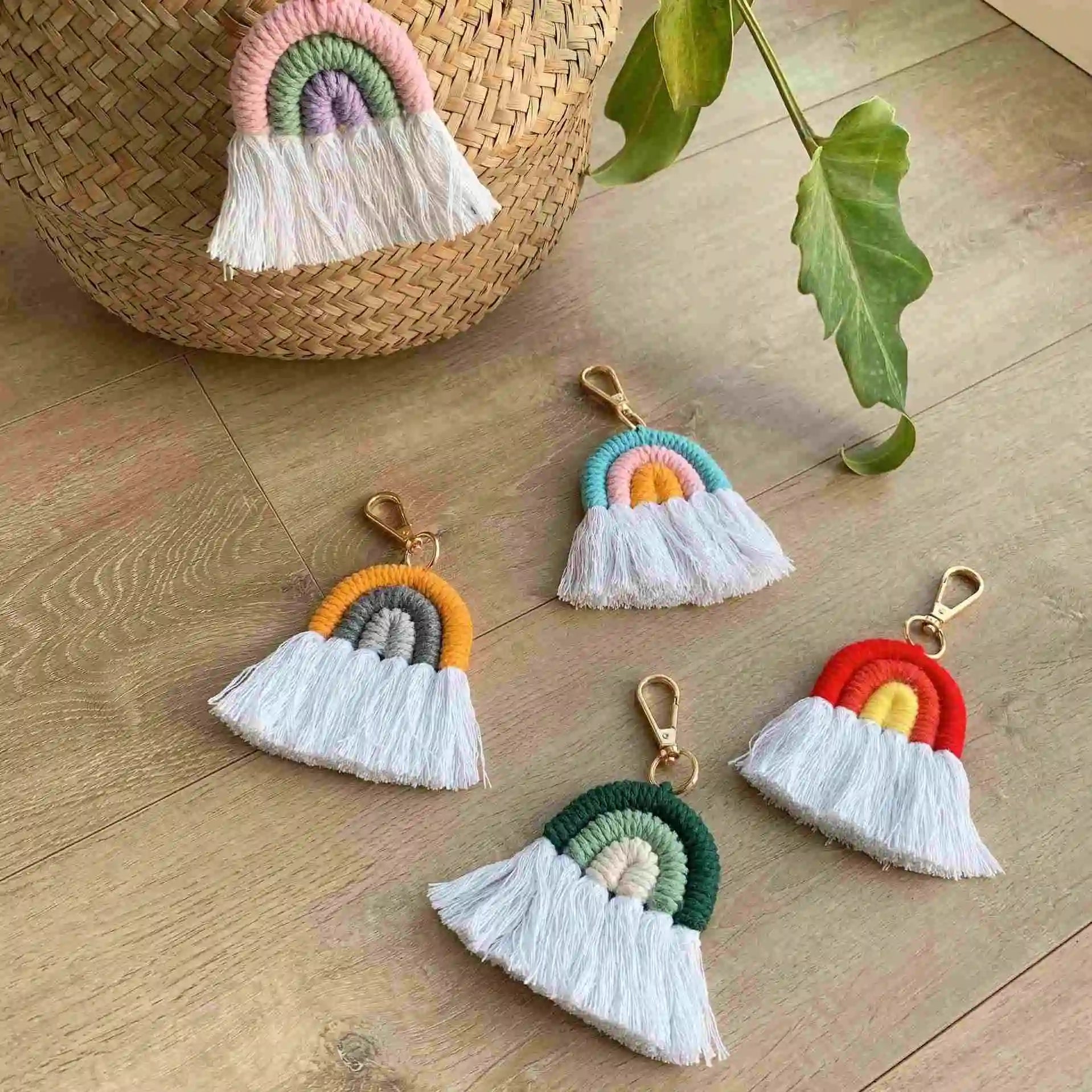 Women Bag Accessories Pendant Handmade rainbow Macrame Tassel Key Chains Boho Woven Boho Macrame rainbow Tassel Key Chain