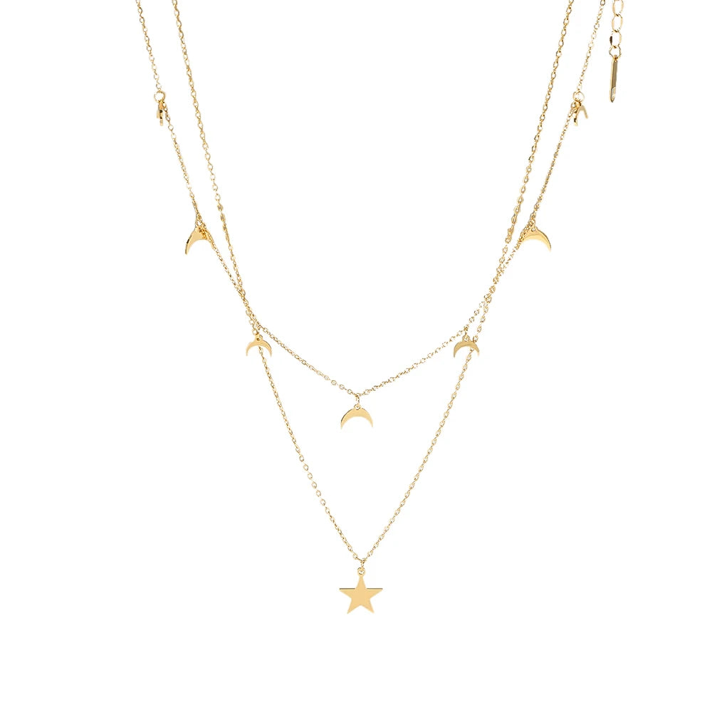 Delicate Stainless Steel 18K Gold Plated Double Layered Star Moon Charms Chain Necklace for Girls