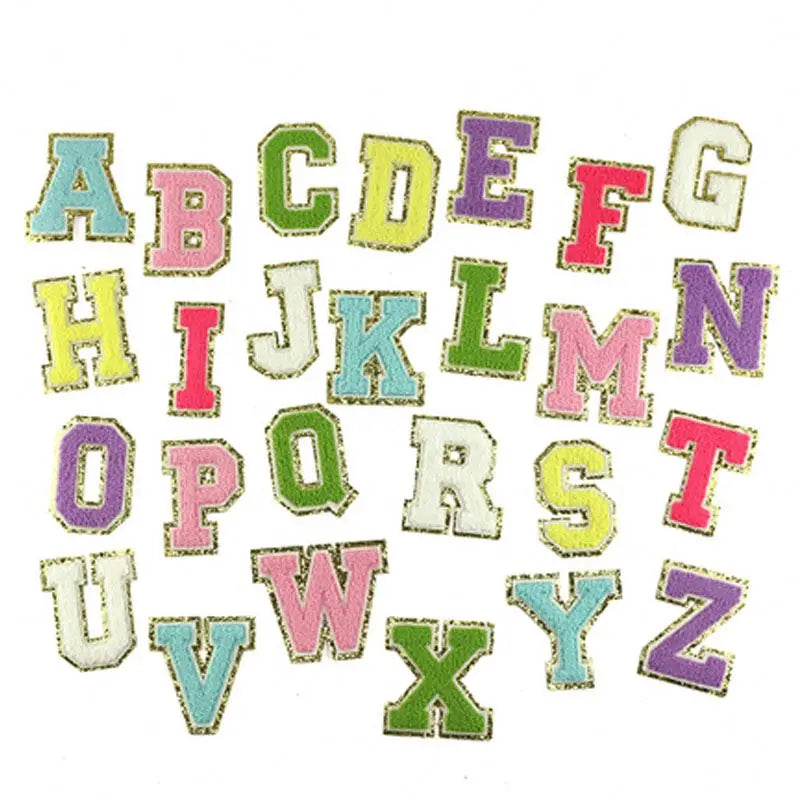 Stock Christmas Gold Border English Letter Vowel A-Z Alphabet Adhesive Repair Sewing Appliques Clothing Chenille Letter Patches