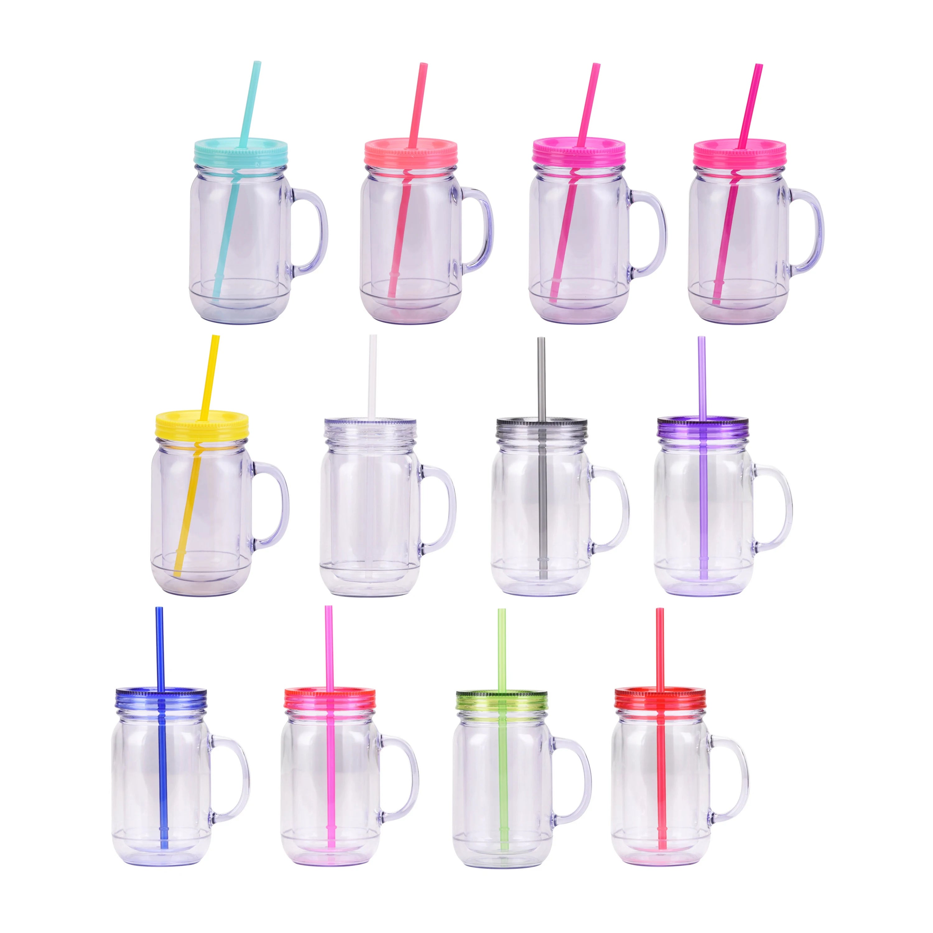 Mason Jar 20oz Plastic Cup Transparent&Pure Color Series Drinking Water Bottle With Handle Daily Canned Mug Cup With Straw