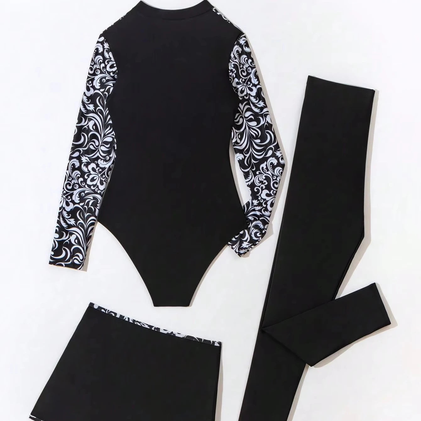 Hot Seller Modest Islamic Swim Suit for Muslim Women Elegant Black Beachwear with Printed Sleeves Plus Size Options