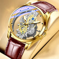 TIGERAO Watch Men Fashion New Design Skeleton Quartz Men's Clock Luxury Waterproof Leather Gold Case Wristwatches Reloj Hombre