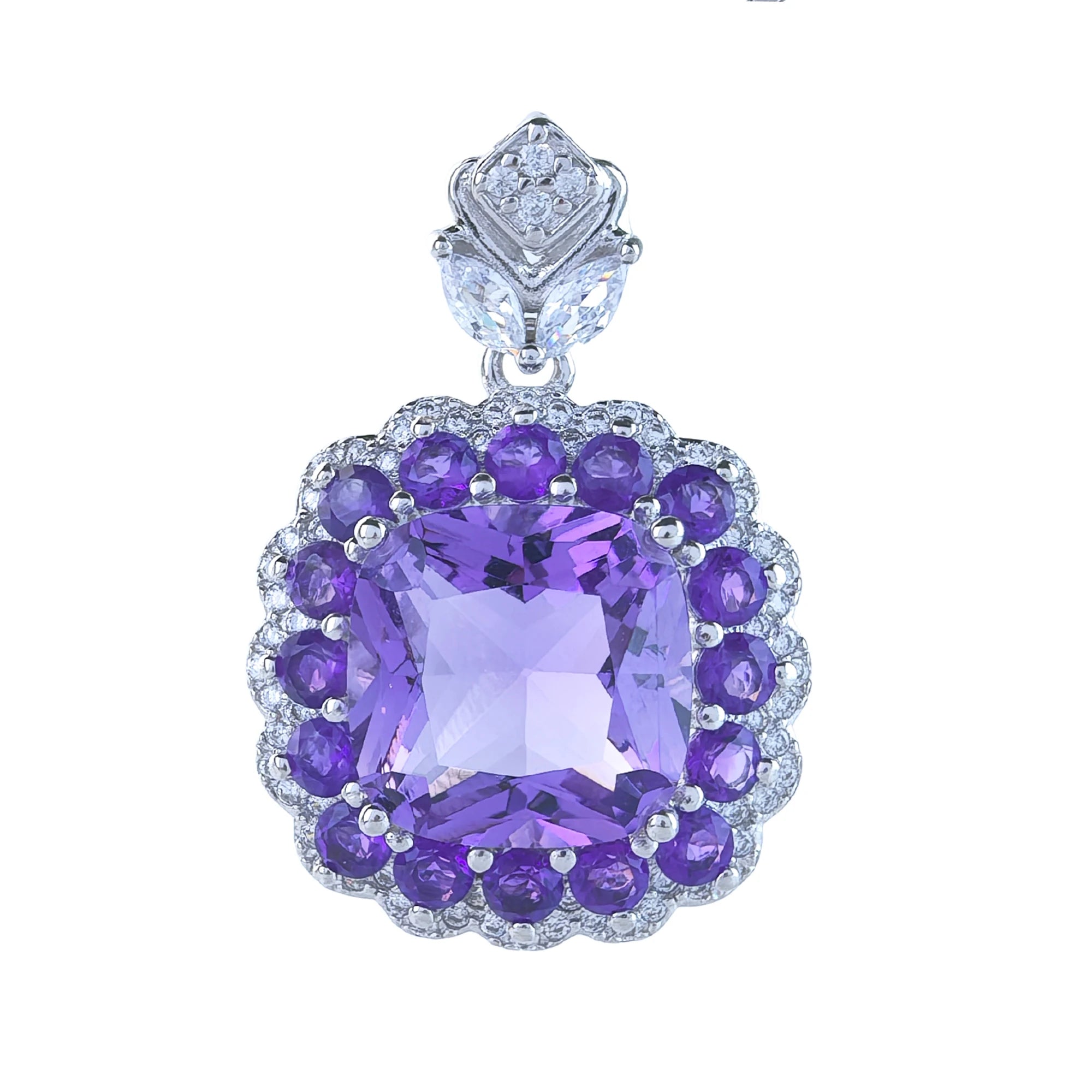 Factory Wholesale Rhodium Plated 925 Sterling Silver Cushion Cut Natural Amethyst Pendant for Women Anniversary Gift Party Wear