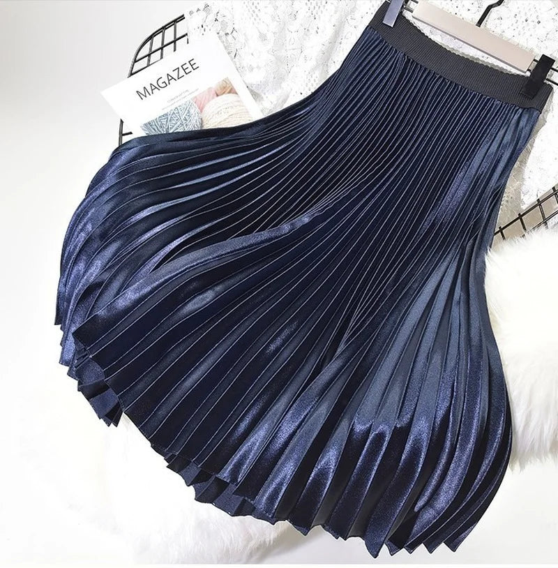 Two Layer Autumn Winter Women Satin Long Pleated Skirts Womens Saias Midi Faldas Vintage Women Midi Skirt Black White