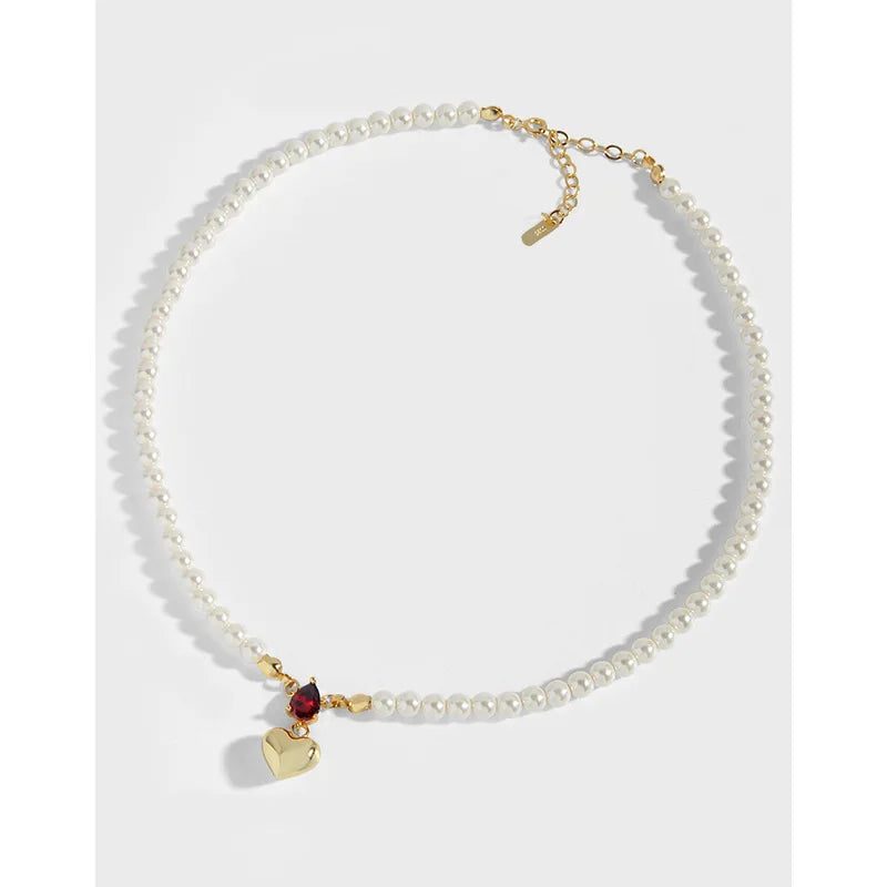 LUXURY shell Pearl Beaded Choker Necklace 18K Gold Heart Charm Pearl Necklace S925 Sterling Silver Ruby Pearl Choker