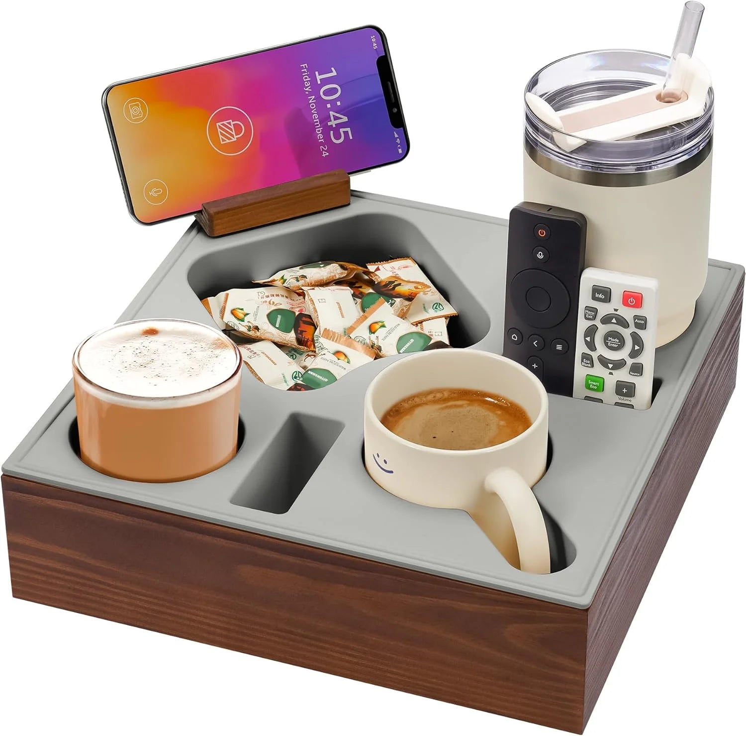 Multi-functional Sofa Tray Secure Spill-Proof Design Acacia Wood Bathroom Jewelry Storage Couch Caddy Bed Car Seat