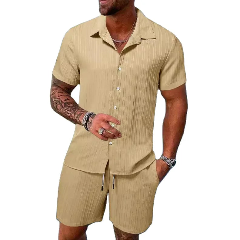 Spring Summer Fashion Men's Two-Piece Set Short Sleeve Cotton Cardigan & Loose Casual Shorts Wholesale Beach Shirt