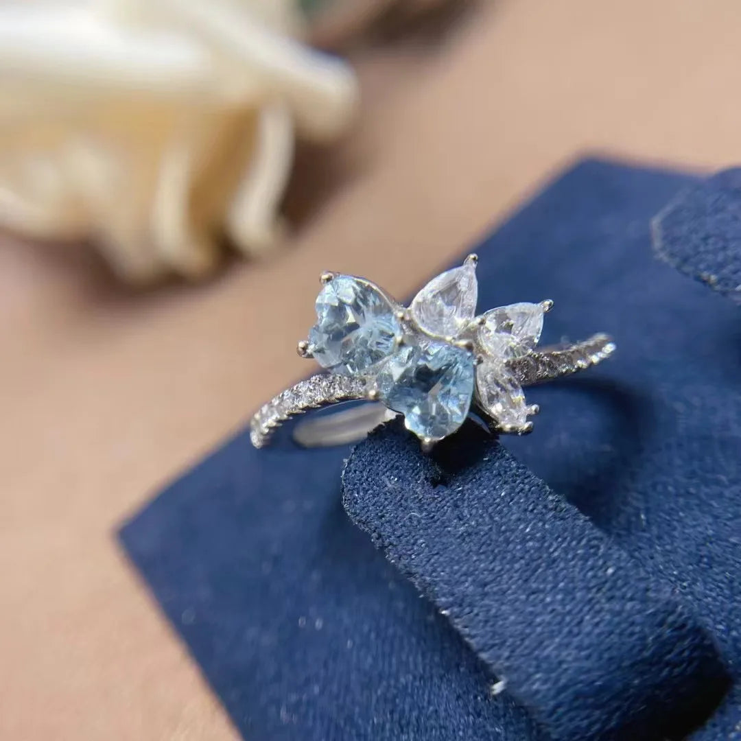 Factory Supply Classic Casual 925 Sterling Silver Heart Cut Natural Aquamarine Wedding Party Proposal Leaf Finger Women Rings