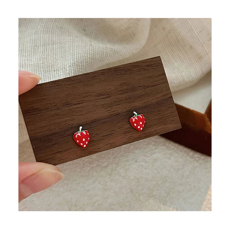Simple Design 925 Sterling Silver Geometric Red Enamel Strawberry Stud Earrings for Women