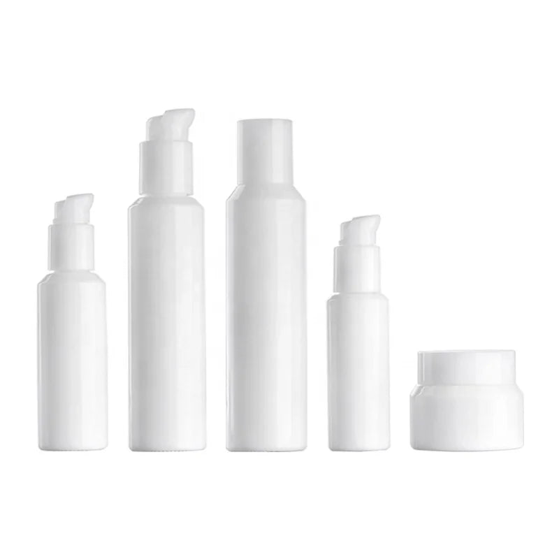 Sloping Shoulder White Glass Bottle 30 ml 50 ml Opal Glass Bottle 100 ml 120 ml Cosmetic Bottle and 50 ml Glass Jar with Lid