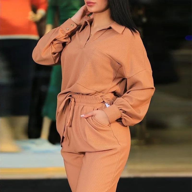 S-2XL Women's Large Fashion Casual Set Autumn Polo Collar Long Sleeve Shirt High Waist Pocket Casual Pants