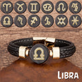 Punk Personalized Braided Genuine Leather Bracelet Stainless Steel 12 Zodoic Star Sign Laser Logo Magnetic Buckle for Men