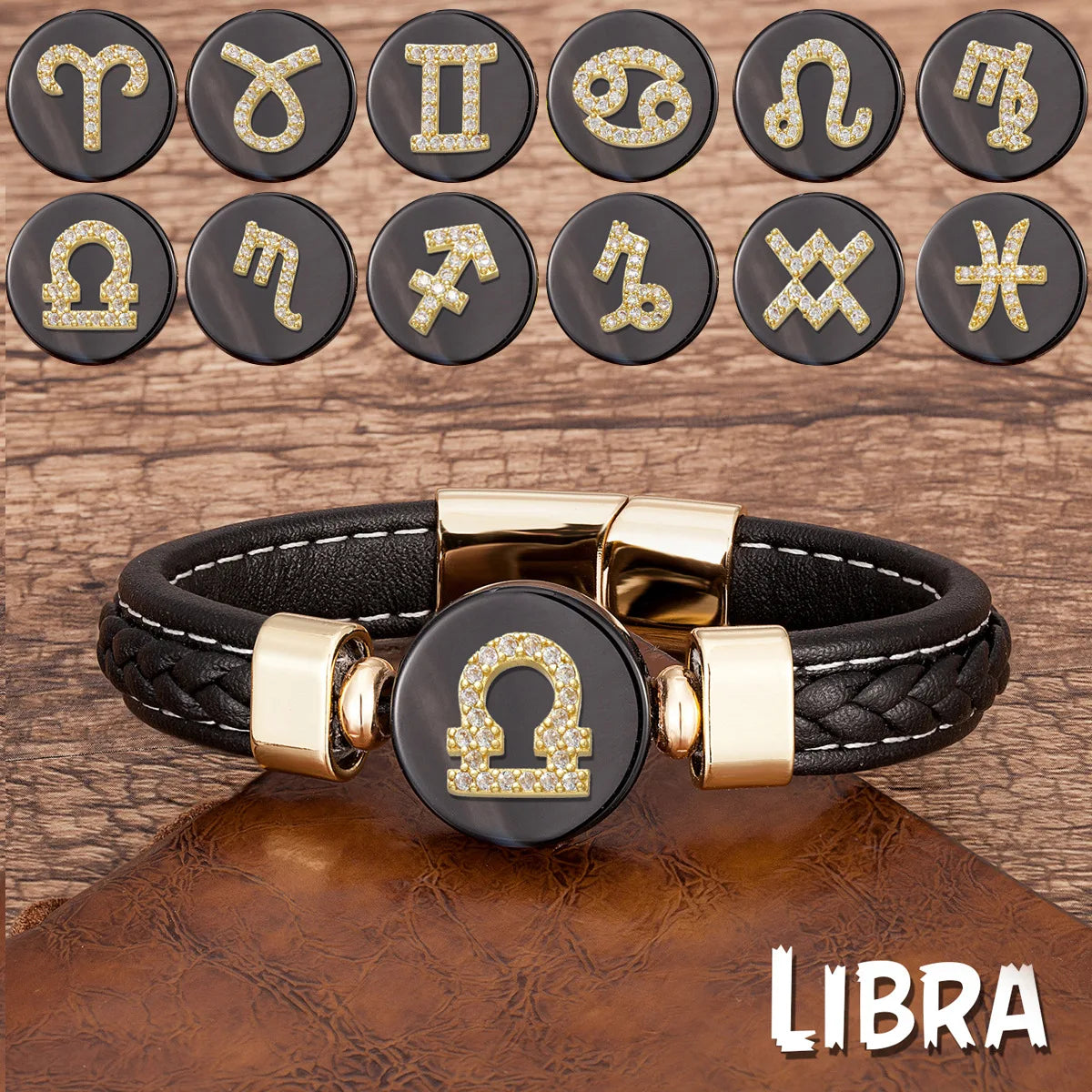 Punk Personalized Braided Genuine Leather Bracelet Stainless Steel 12 Zodoic Star Sign Laser Logo Magnetic Buckle for Men