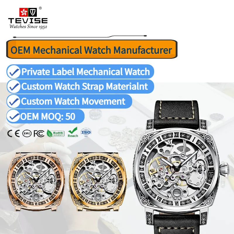 Tevise 894 Oem Custom Design Men's Automatic Watch Square Hollow-out Luminous Mechanical Wrist Watch