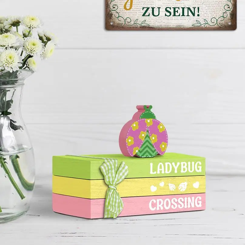 Spring Book-Shape Wooden Table Ornament Lady Bug Bee Wooden Set Home Party Decoration
