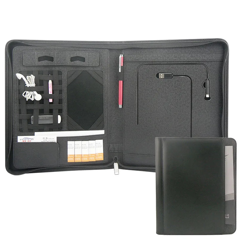 Modernqiu Custom A4 Leather Portfolio With Power Bank Business File Folder  Wireless Charging Briefcase Filing Documenr Products