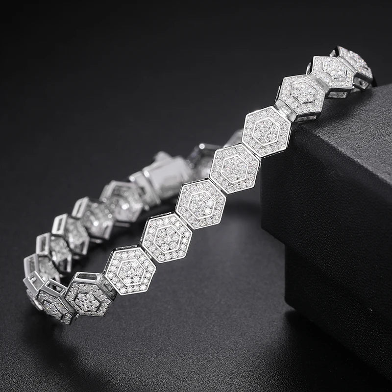 Wholesale Price Hip Hop Diamond White Gold 925 Sterling Silver Bracelets Iced Out Vvs Moissanite Geometric Hexagon Bracelet MegaBDM