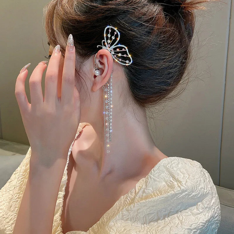 Trendy Elf Ear Cuffs Earrings Women's Jewelry Versatile Pierced Earrings Long Tassel Exaggerated Butterfly Earring