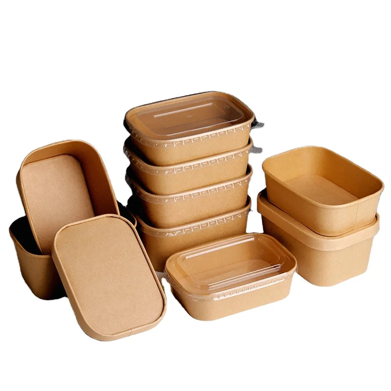 Classic Disposable Rectangle Kraft Paper Salad Bowls Cake Plates Gold Foil Embossed Matte Lamination PET Food Packaging for