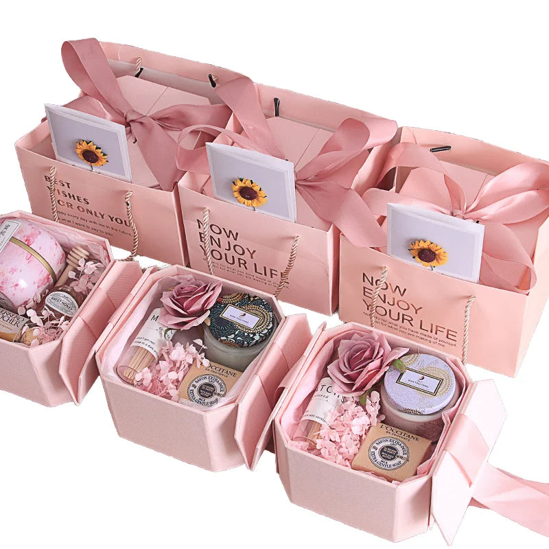 Wholesale Custom Printed Octagonal Bottom Tote Bag Recycled Materials UV Spot Embossed Rigid Gift Box Set Including Rigid Boxes
