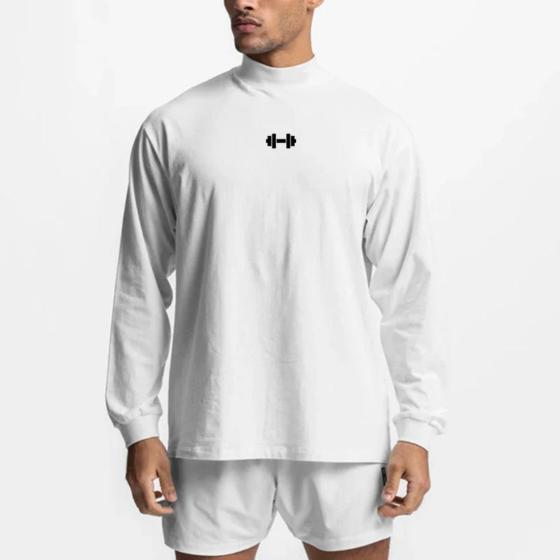 Oversized Turtleneck T-shirt Mens Dropped Shoulder Long Sleeve Fitness T Shirt Spring Autumn Cotton Loose Gym Clothing