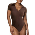 Women's Short Sleeve V-Neck Cotton Bodysuit Stretchy Soft Ribbed Polo Thong Hollow Decoration Casual Summer Sportswear Knee
