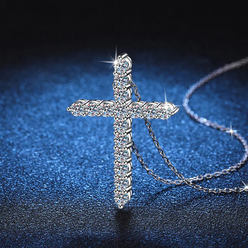 Silver 925 Original Total 1.6 Carat Brilliant Cut Diamond Test Past D Color Moissanite Cross Pendant Necklace Gift Fine Jewelry